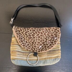 Kindred Spirit Style Boho Mixed Media Handbag Giraffe Print & Woven Stripes
